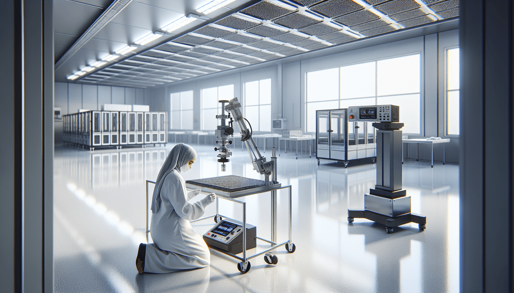 Tekniker utför partikelräkning i renrum med stativ - ISO 14644 klassificering