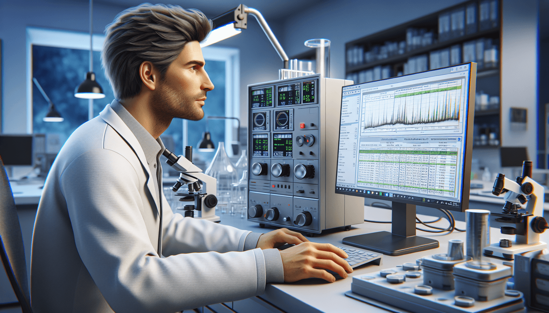 Laboratorietekniker analyserar luftprovsresultat på datorskärm med datadiagram