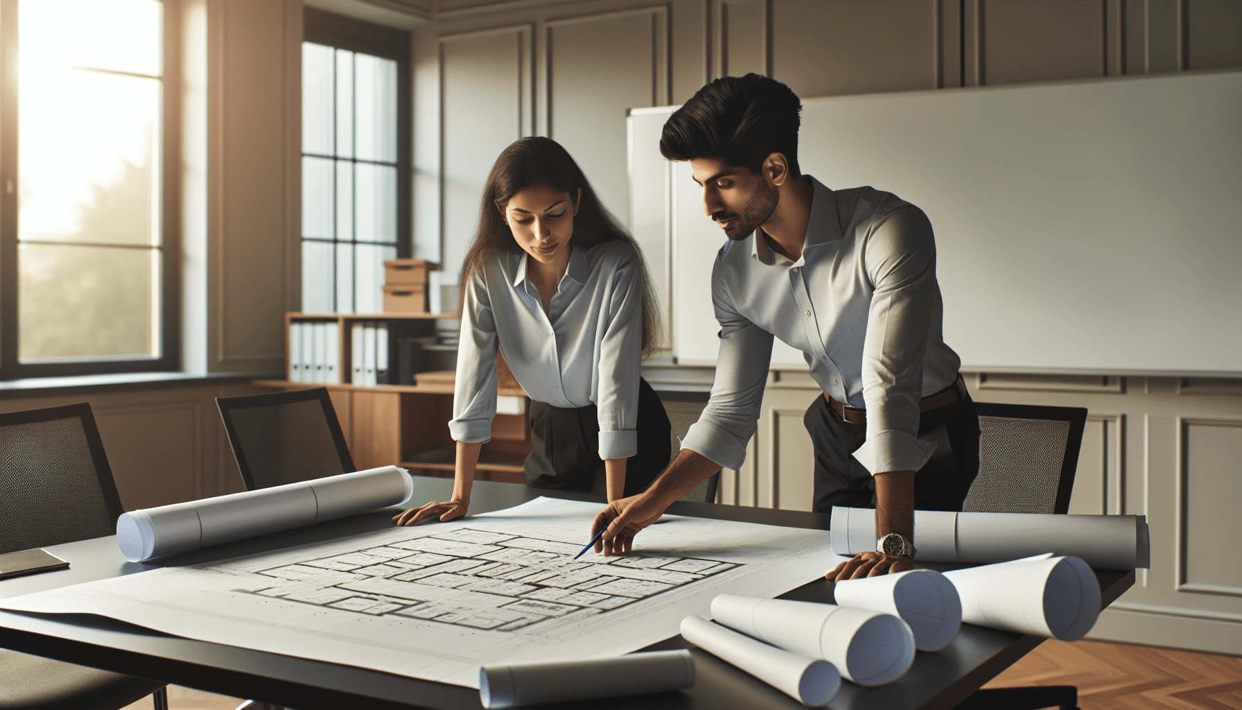 Specialister granskar ritningar för behovsanalys av luftprovtagning - kostnadsfri bedömning