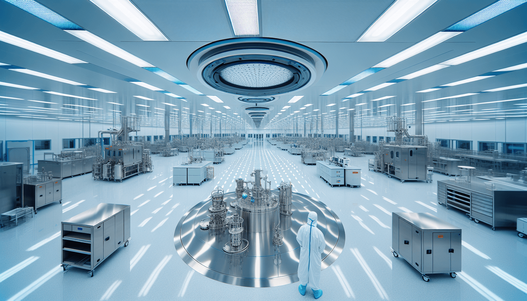 Farmaceutiskt renrum med HEPA-filter och tekniker i skyddskläder - partikelräkning och renrumsvalidering